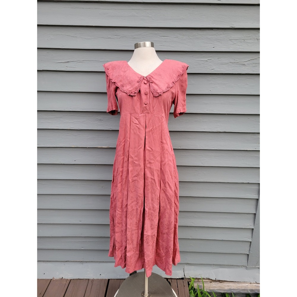 Vintage 90s Karin Stevens‎ Dress Rose Pink Floral Damask Lace Collar Size 6